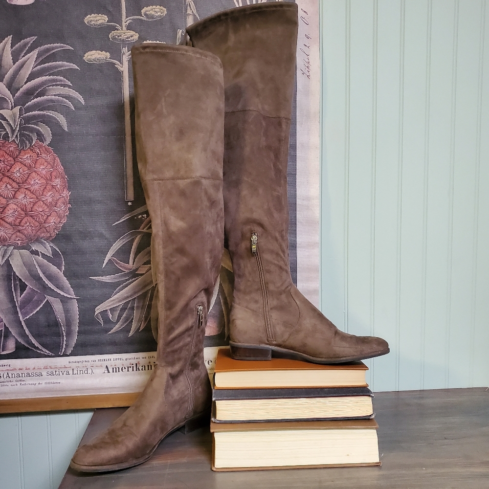 Marc Fisher Humor 2 Over the Knee Riding Boot Tall Faux Suede Flat Taupe Beige 9